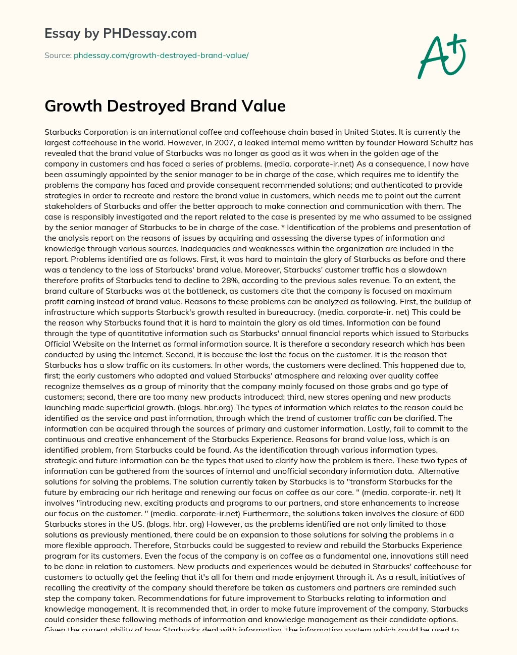 Growth Destroyed Brand Value essay
