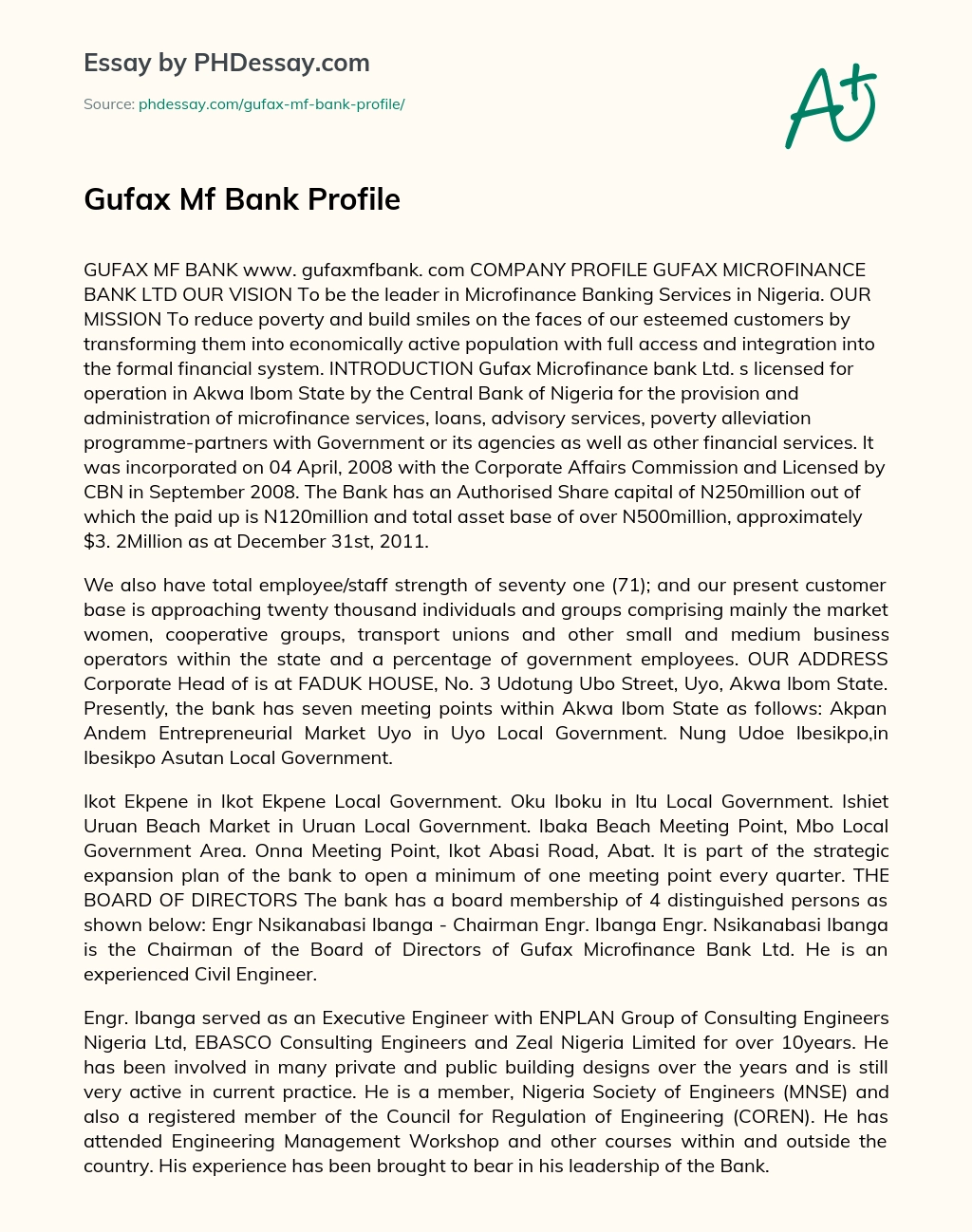 Gufax Mf Bank Profile essay