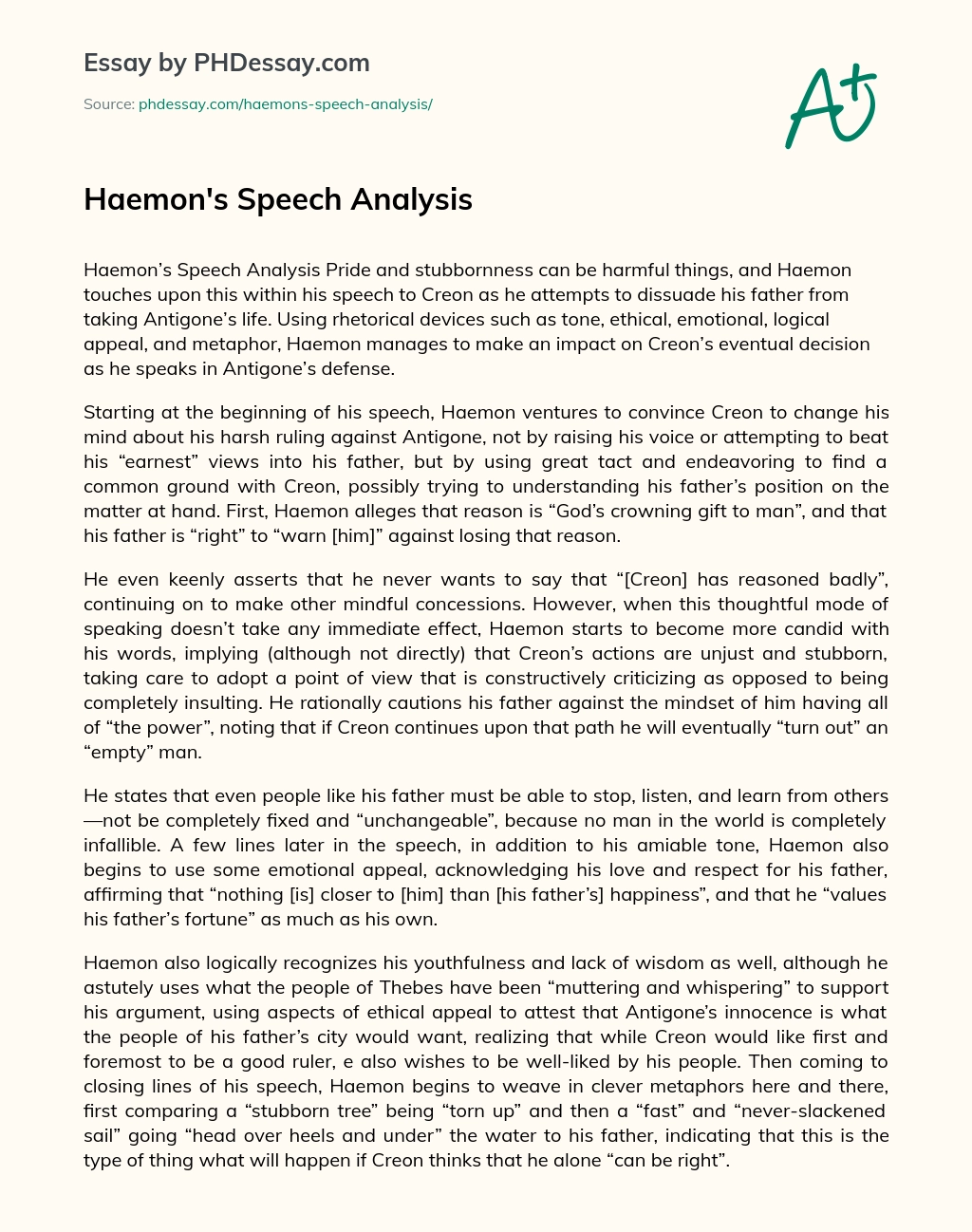 Haemon’s Speech Analysis essay