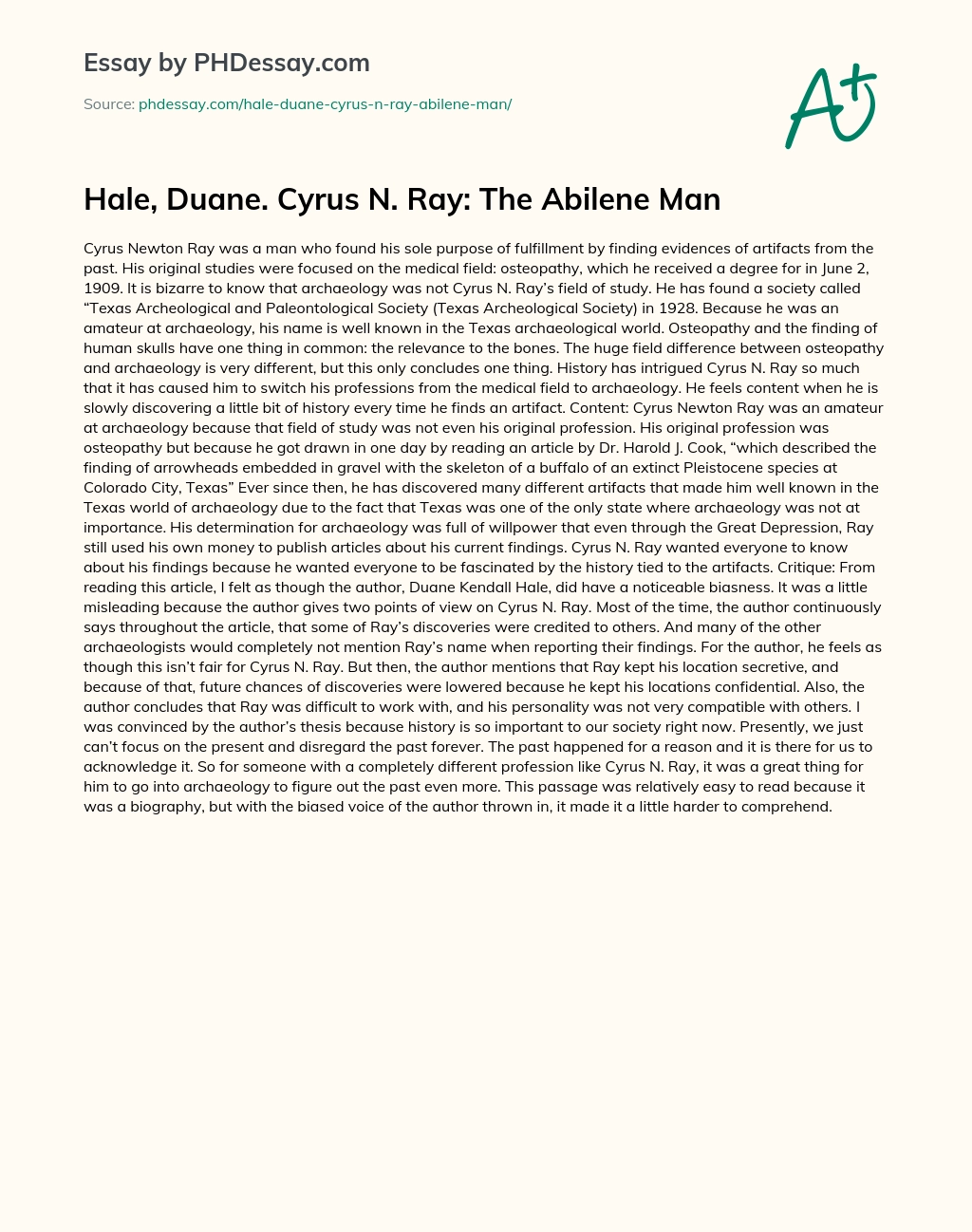 Hale, Duane. Cyrus N. Ray: The Abilene Man essay