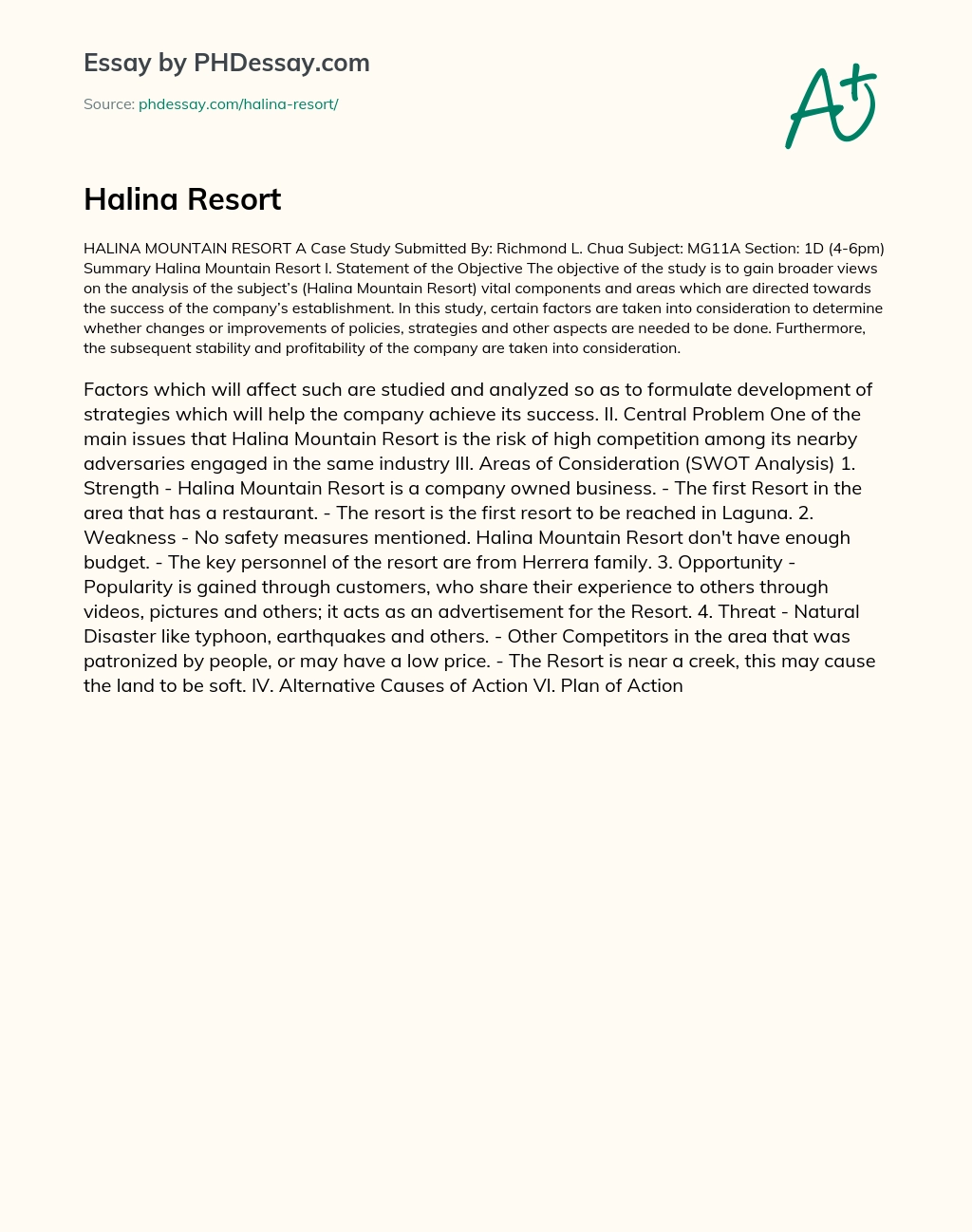 Halina Resort essay