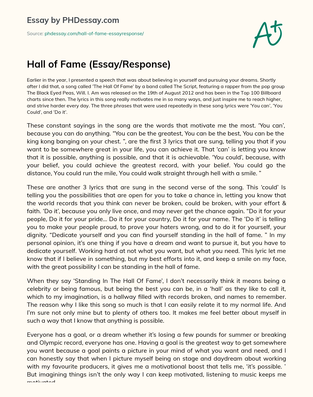 Hall of Fame (Essay/Response) essay