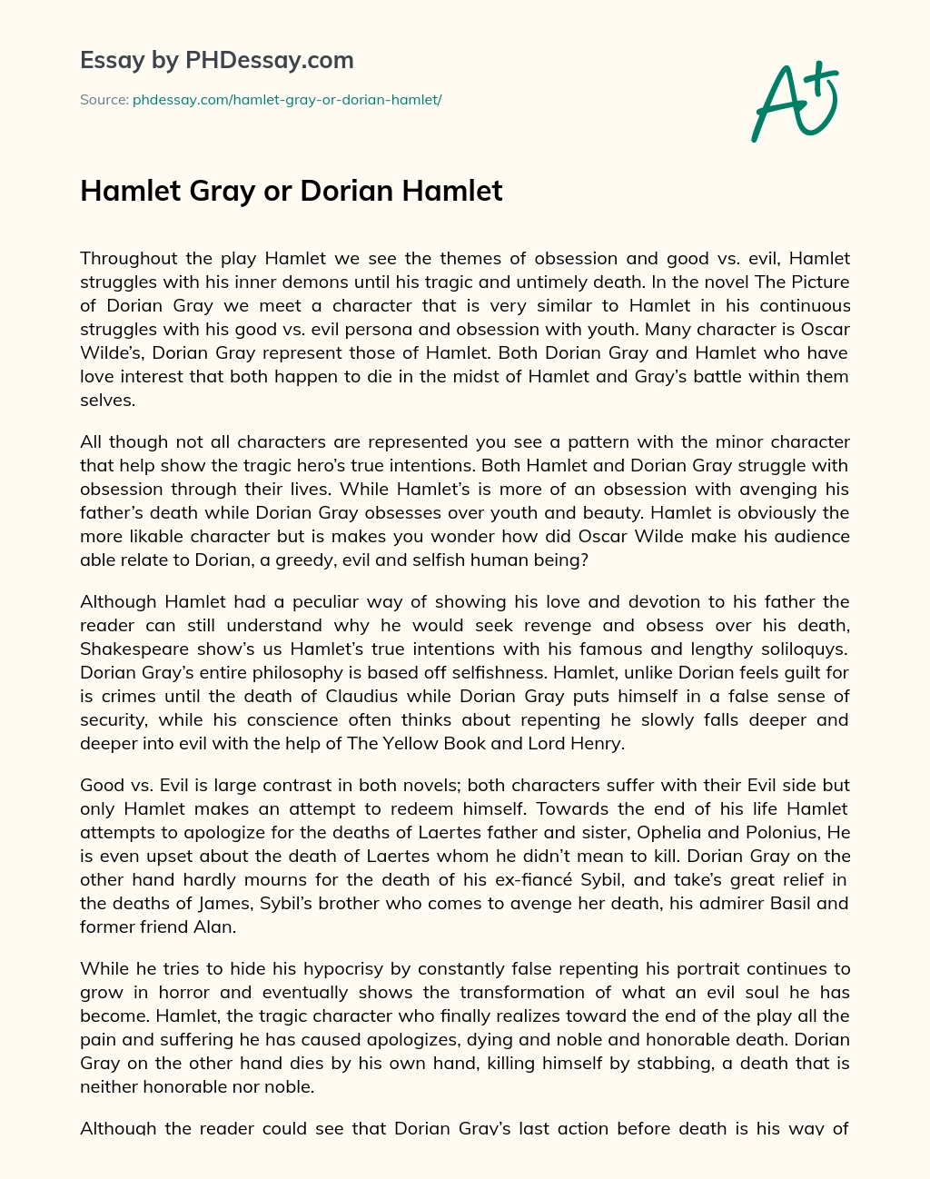 Hamlet Gray or Dorian Hamlet essay