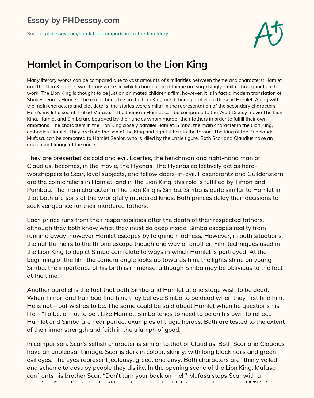Hamlet in Comparison to the Lion King essay