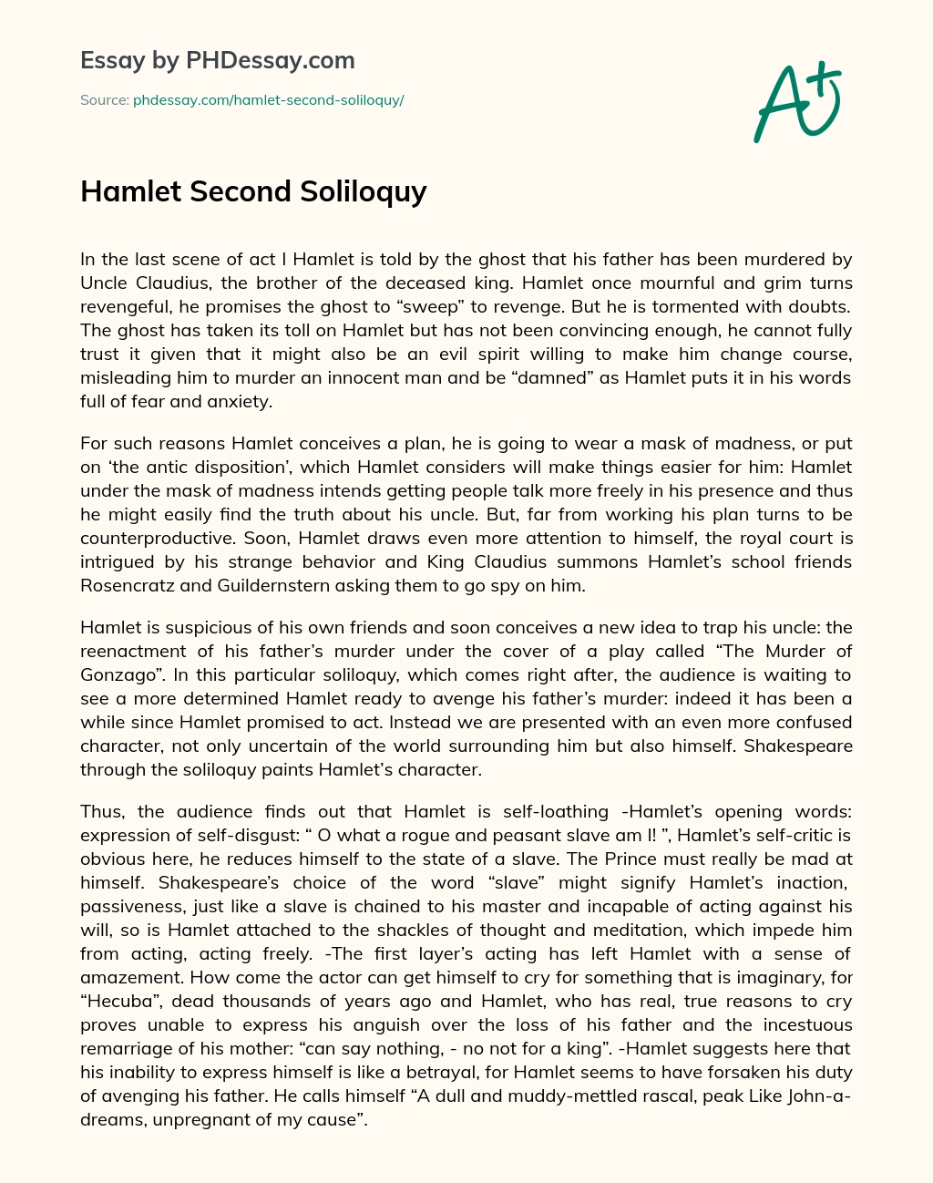 Реферат: Hamlets 2nd Soliloquy Essay Research Paper In