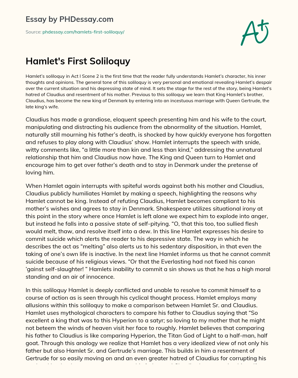 Hamlet’s First Soliloquy essay