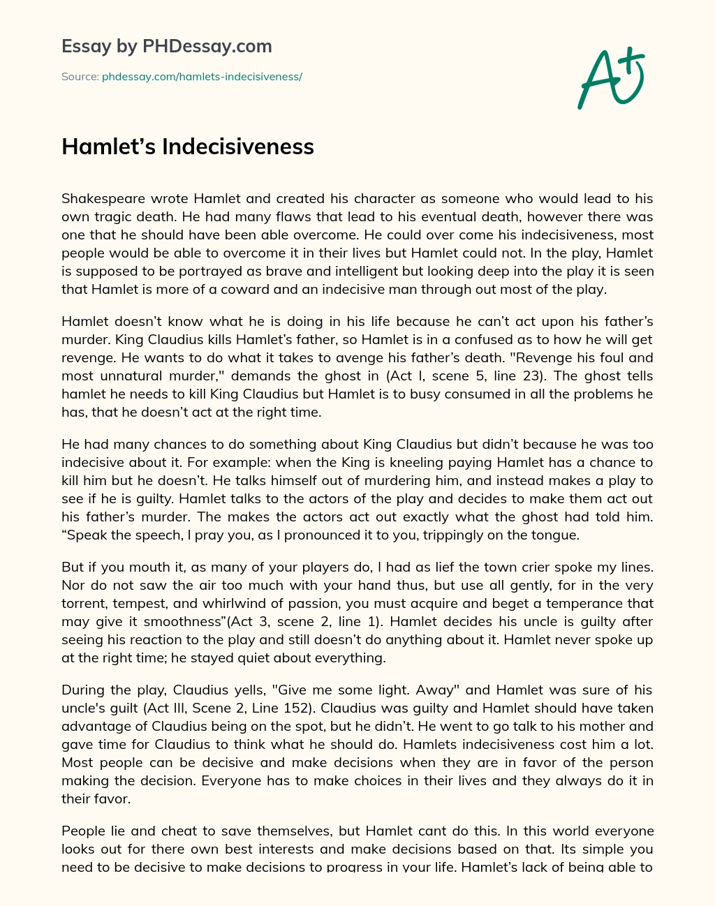 essay on hamlet's indecisiveness