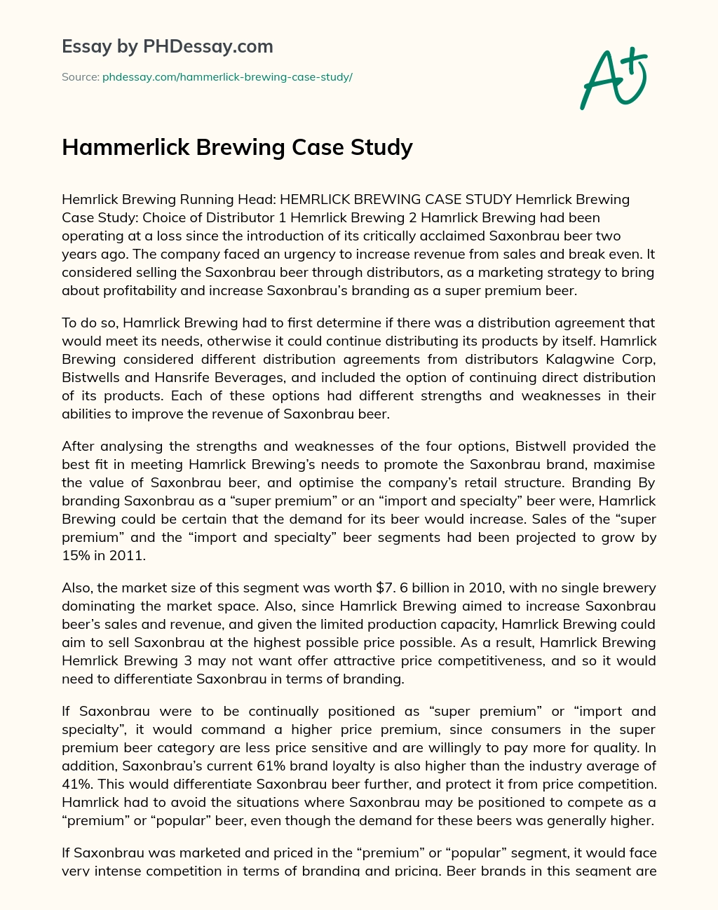 Hammerlick Brewing Case Study essay