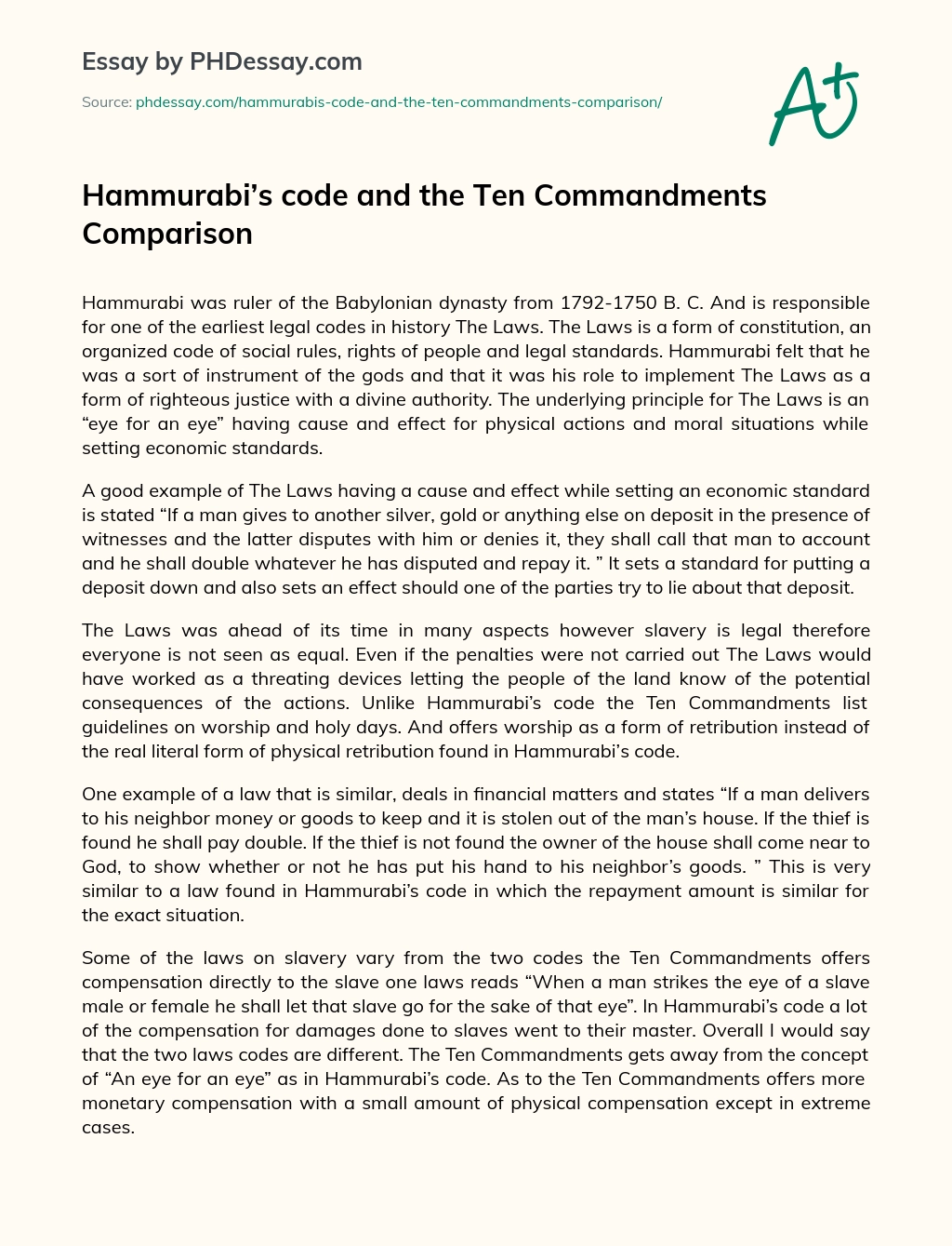 Hammurabi’s code and the Ten Commandments Comparison essay