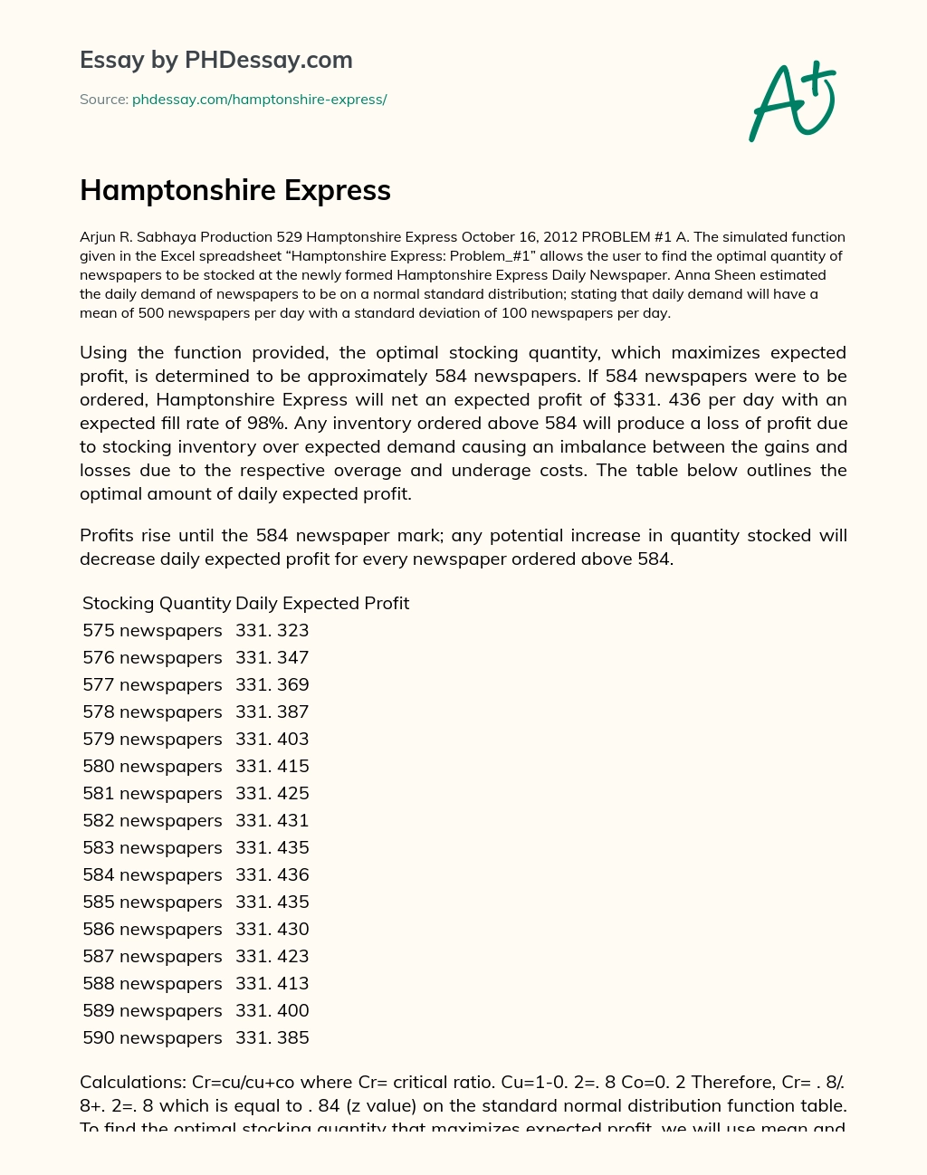 Hamptonshire Express essay