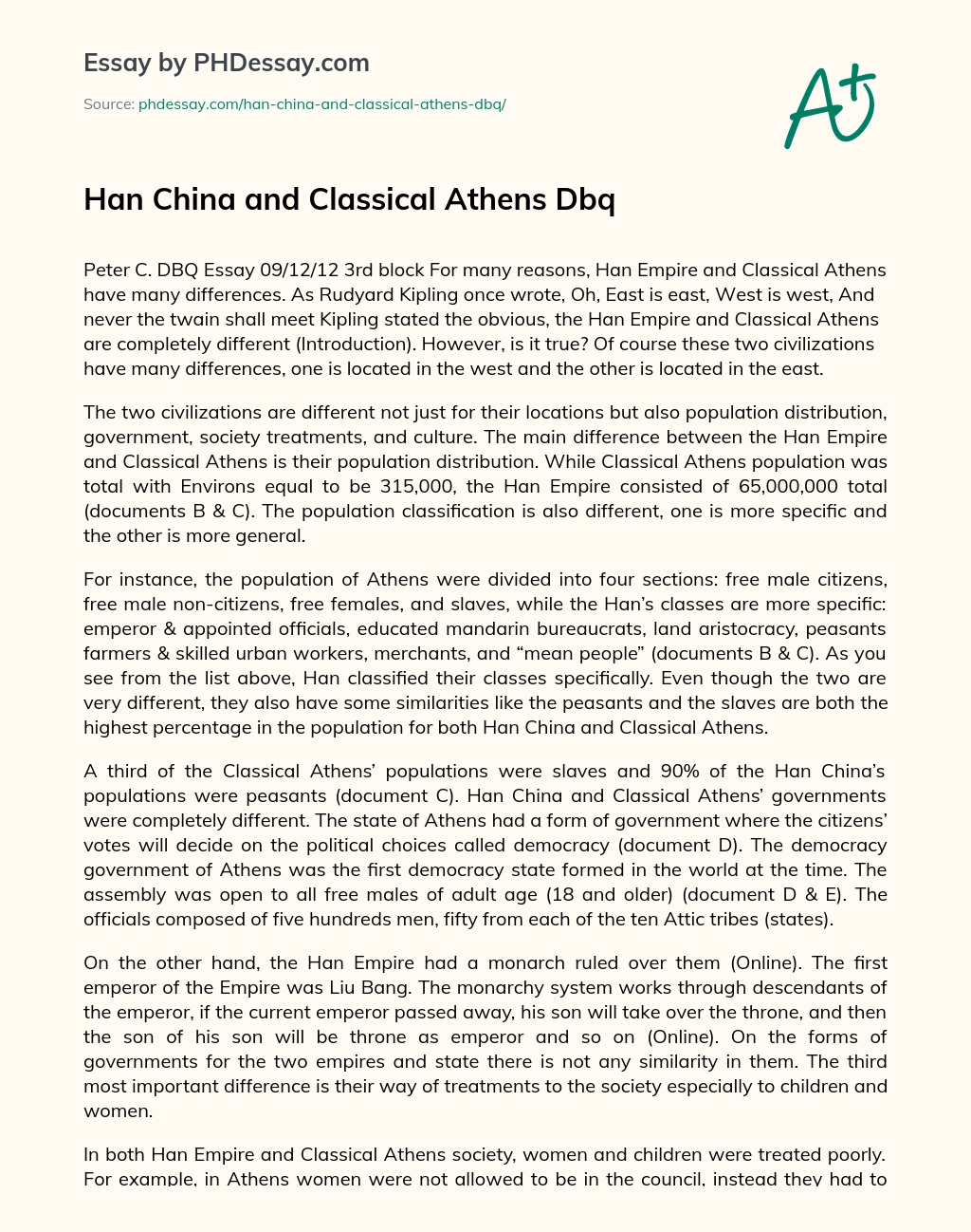 Han China and Classical Athens Dbq essay