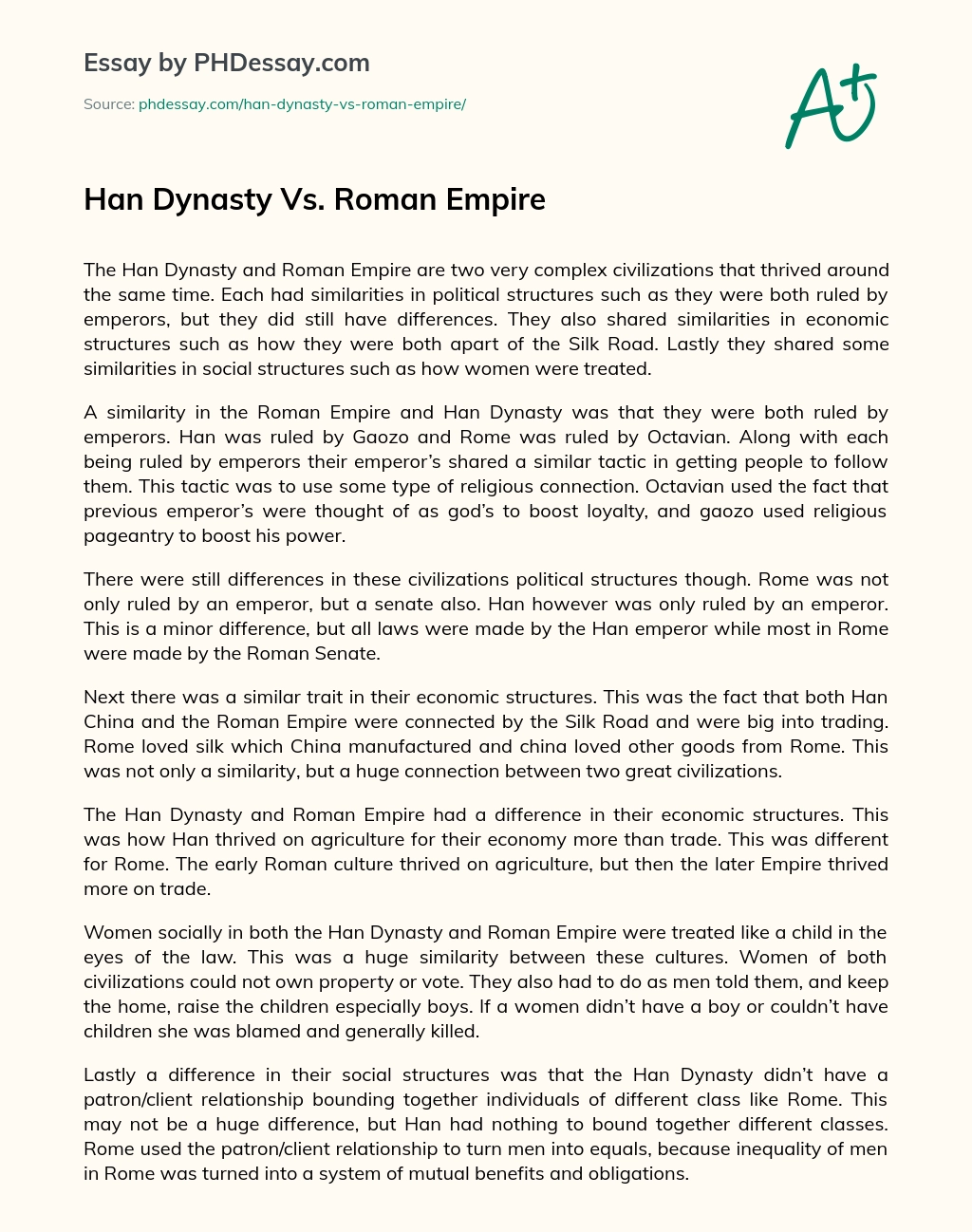 Han Dynasty Vs. Roman Empire essay