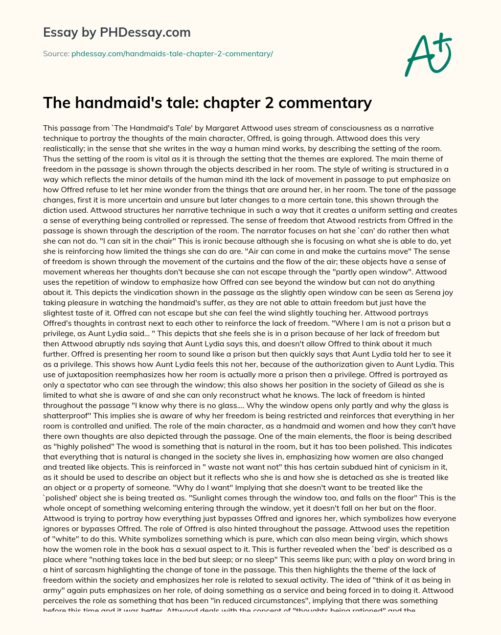 The handmaid’s tale: chapter 2 commentary essay