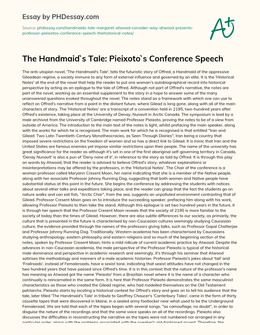 The Handmaid`s Tale: Pieixoto`s Conference Speech essay