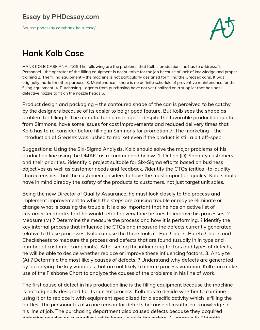 Hank Kolb Case essay