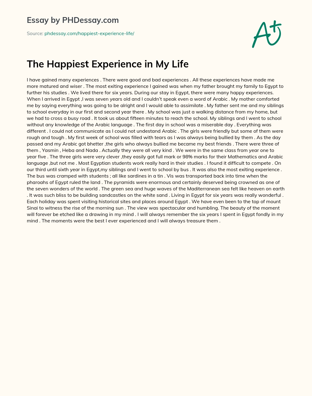 The Happiest Experience in My Life essay