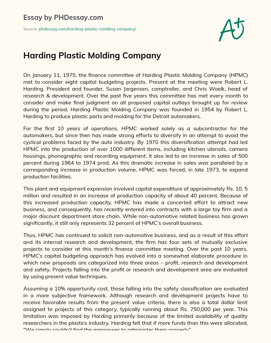 Harding Plastic Molding Company essay