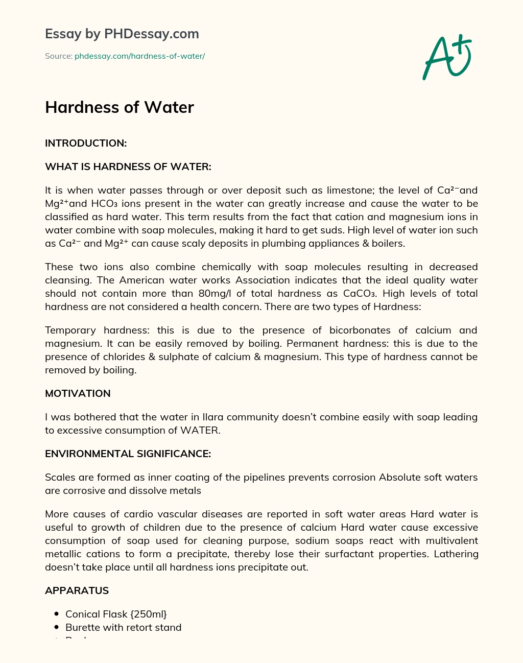 Hardness of Water essay