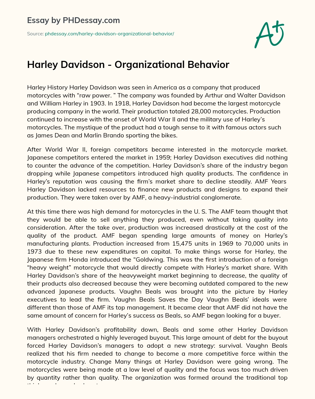 Harley Davidson – Organizational Behavior essay
