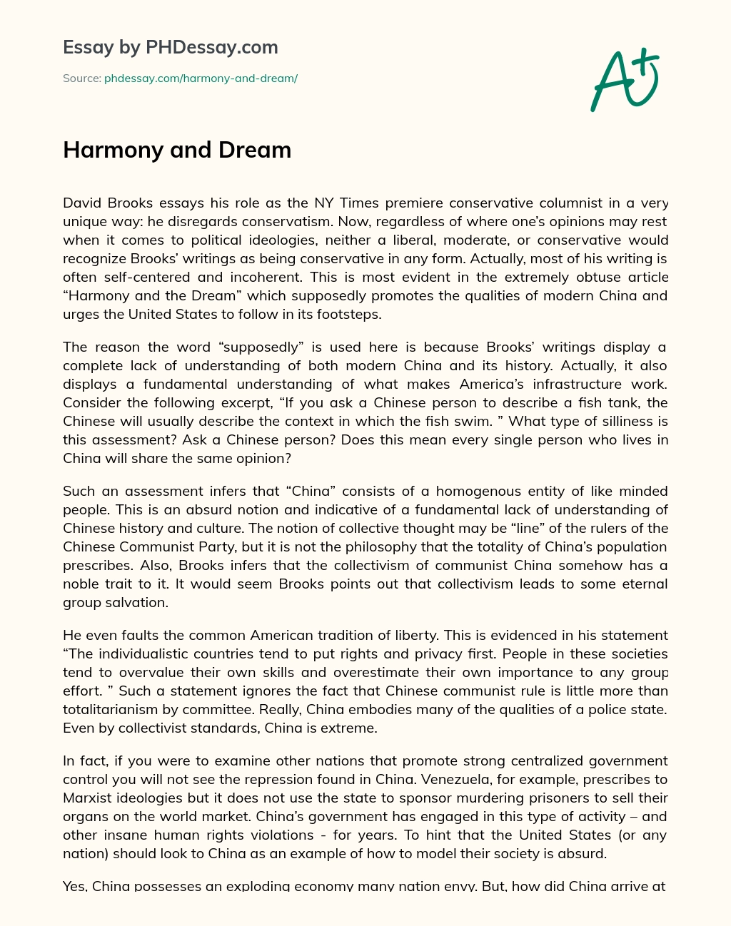 Harmony and Dream essay