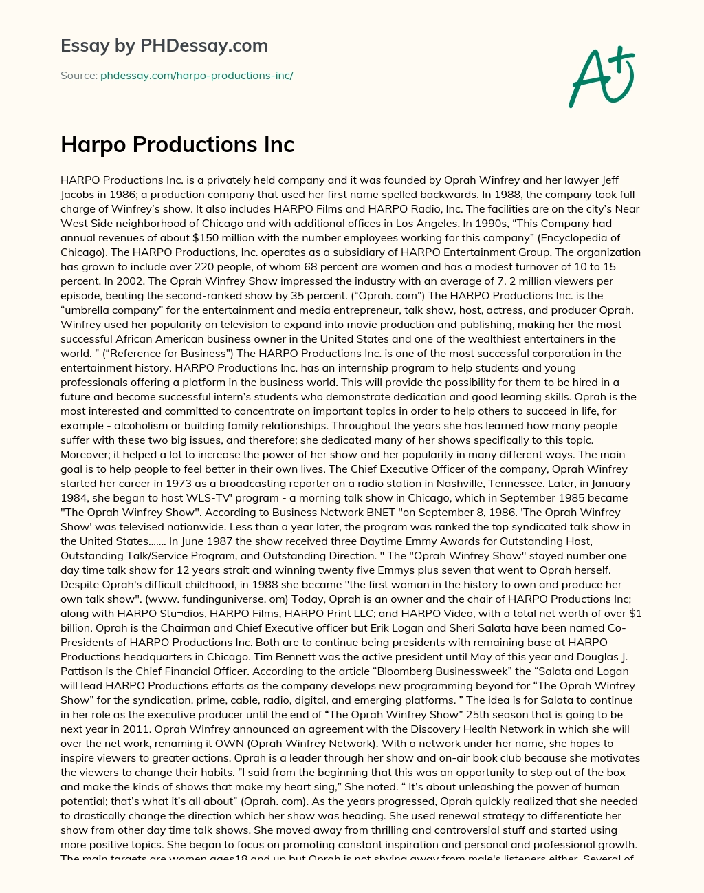 HARPO Productions Inc.: Oprah Winfrey’s Media Empire essay