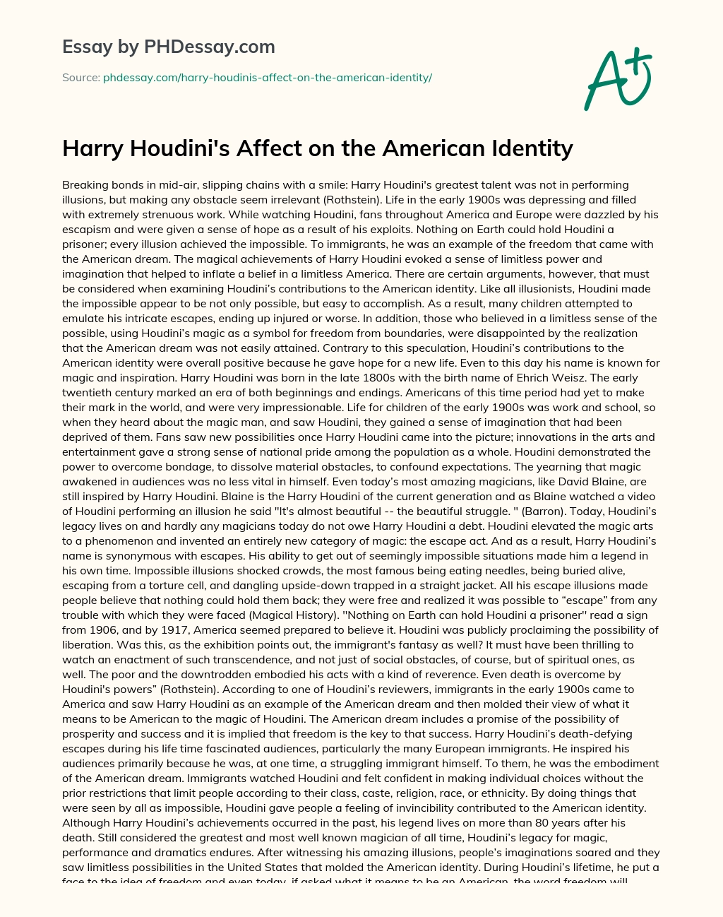 Harry Houdini’s Affect on the American Identity essay