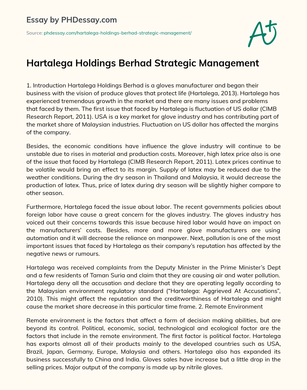 Hartalega Holdings Berhad Strategic Management essay