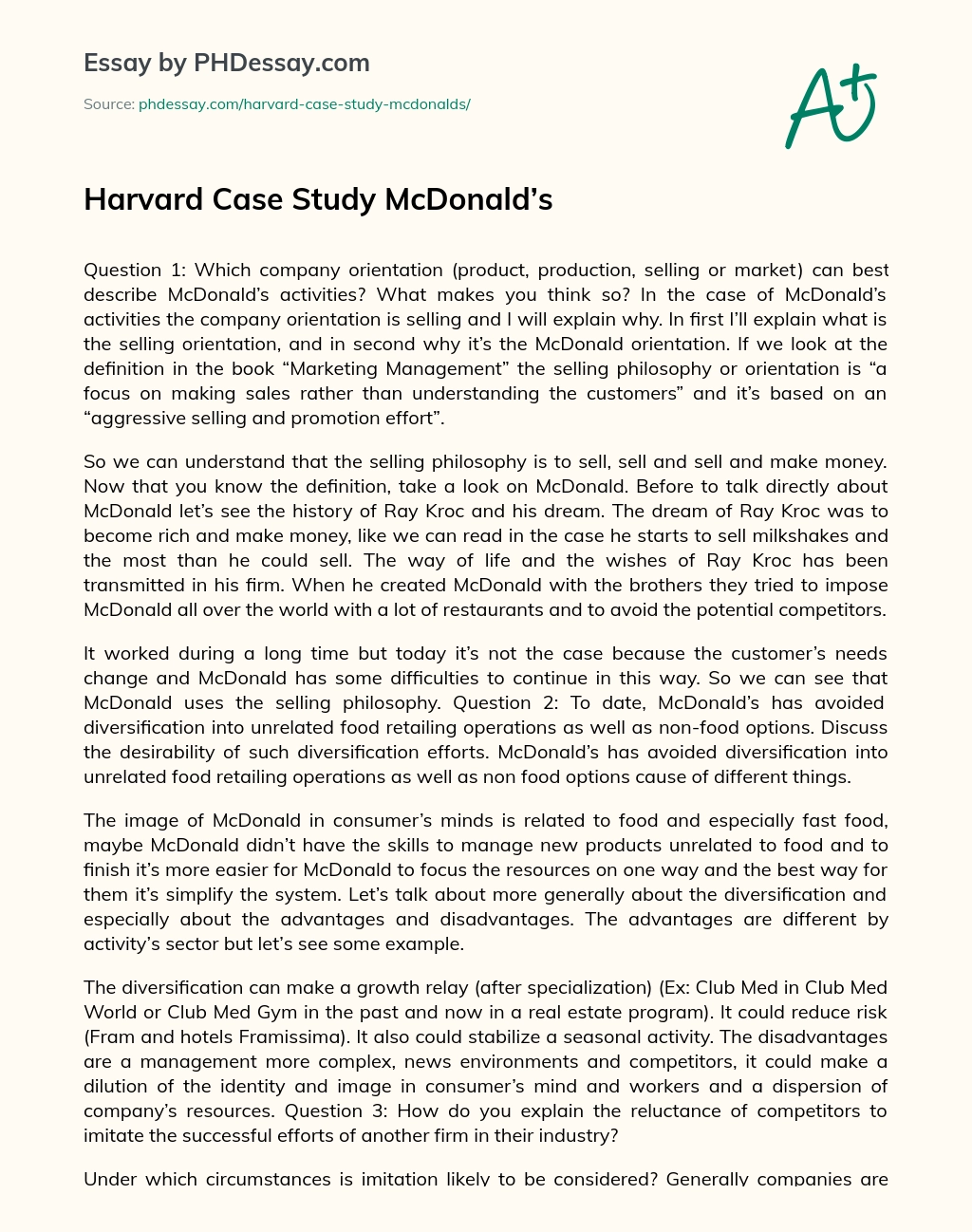 Harvard Case Study McDonald’s essay