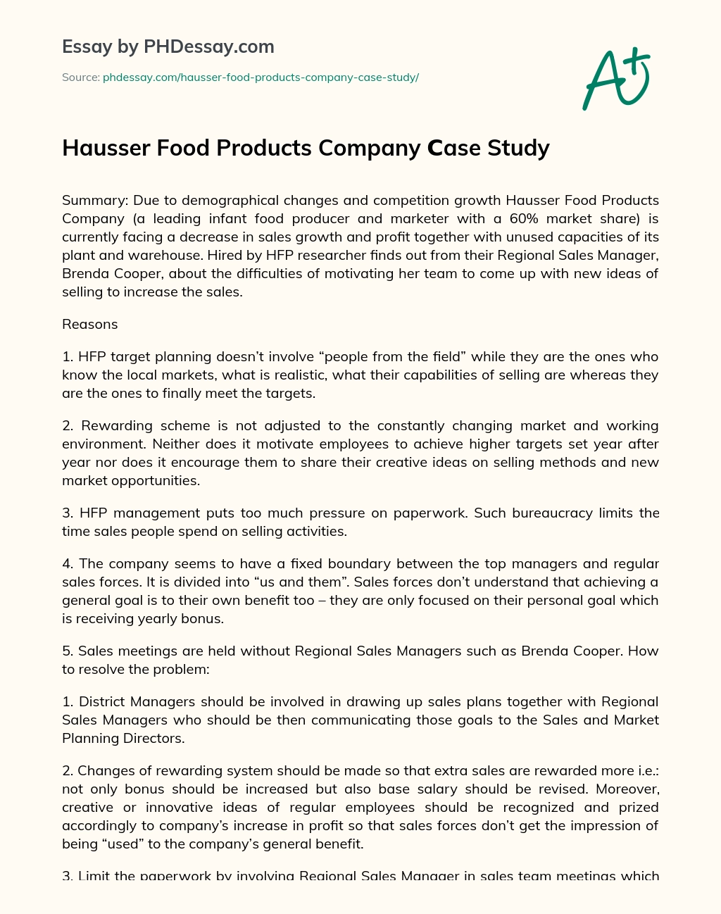 Hausser Food Products Company Case Study essay