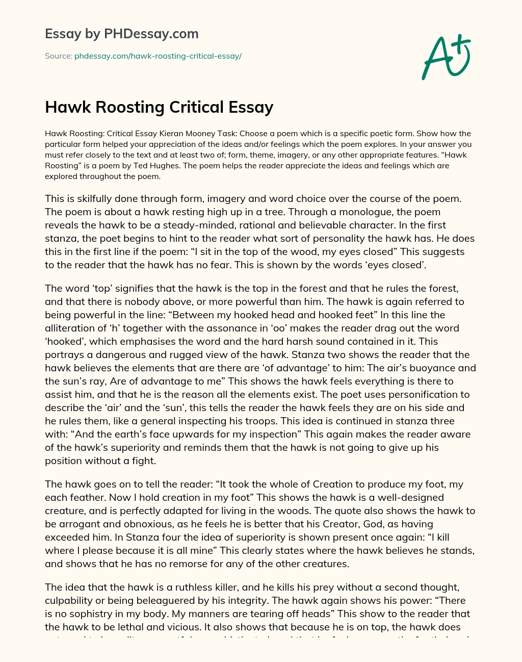 Hawk Roosting Critical Essay essay