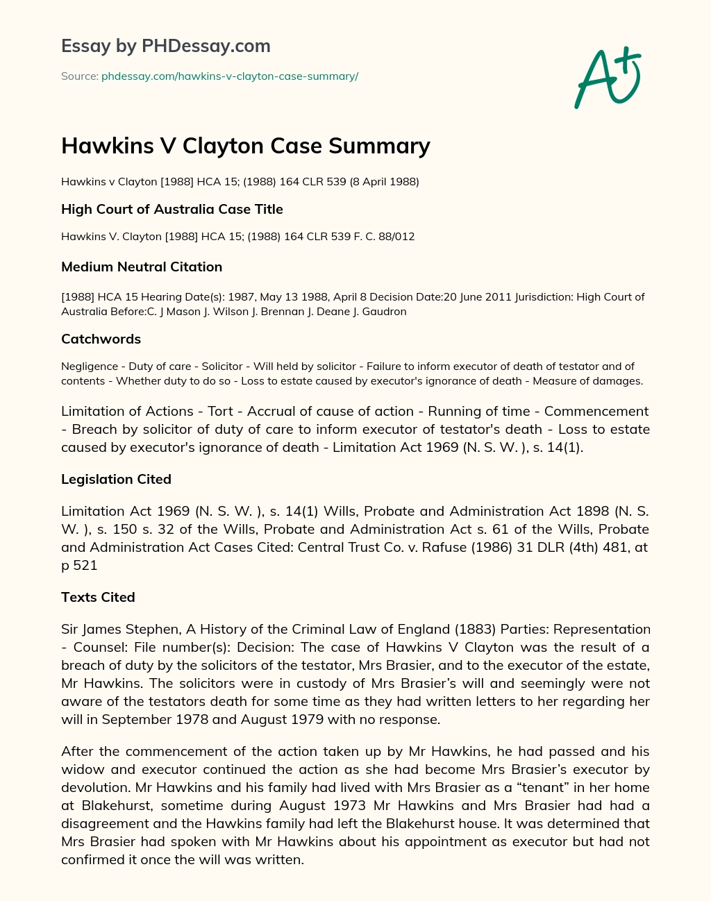 Hawkins V Clayton Case Summary essay