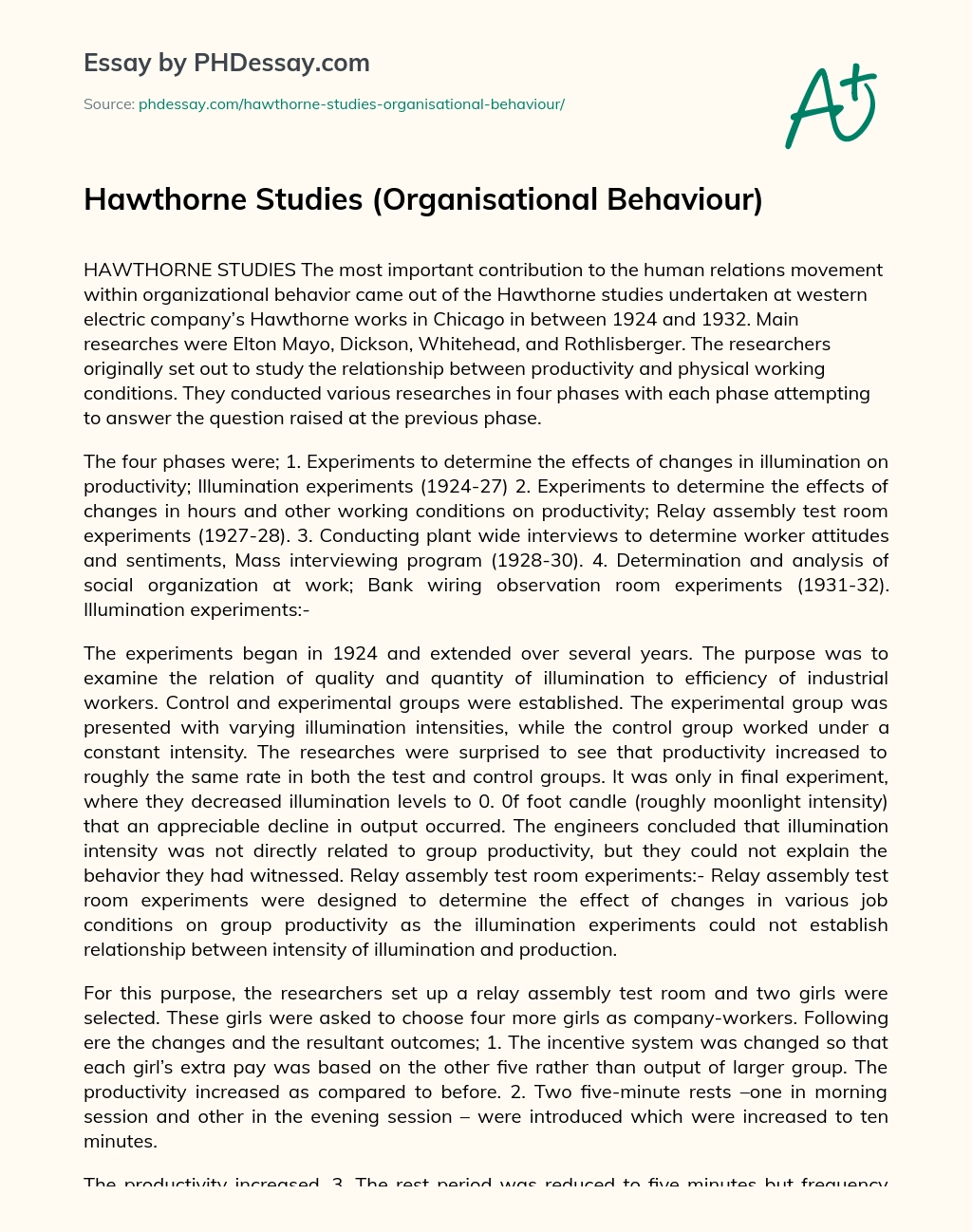 Hawthorne Studies (Organisational Behaviour) essay