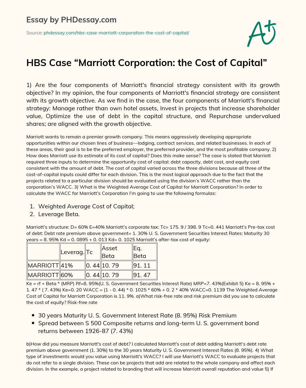 HBS Case “Marriott Corporation: the Cost of Capital” essay
