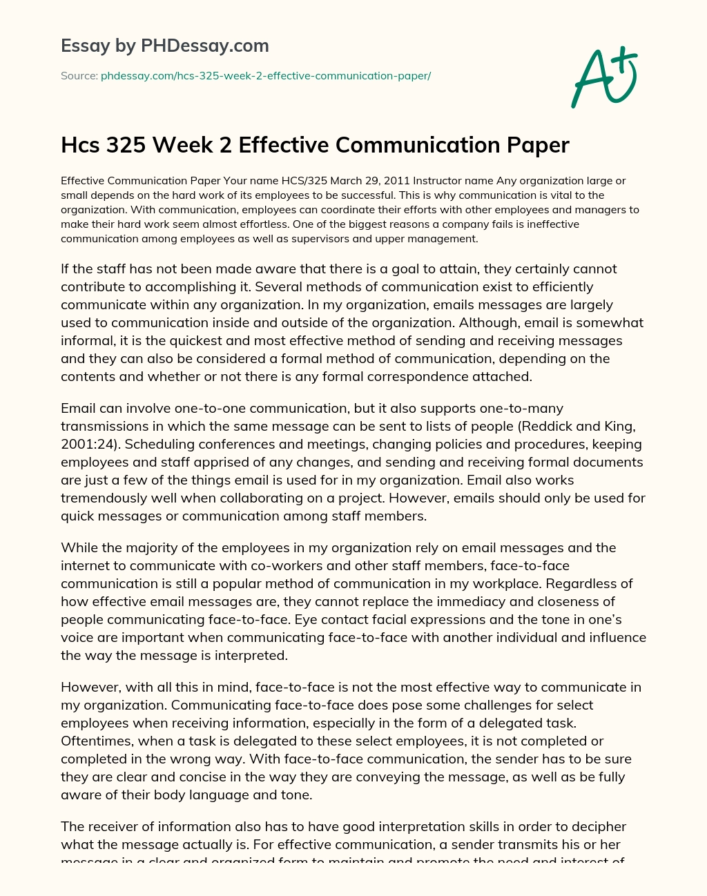 Hcs 325 Week 2 Effective Communication Paper essay