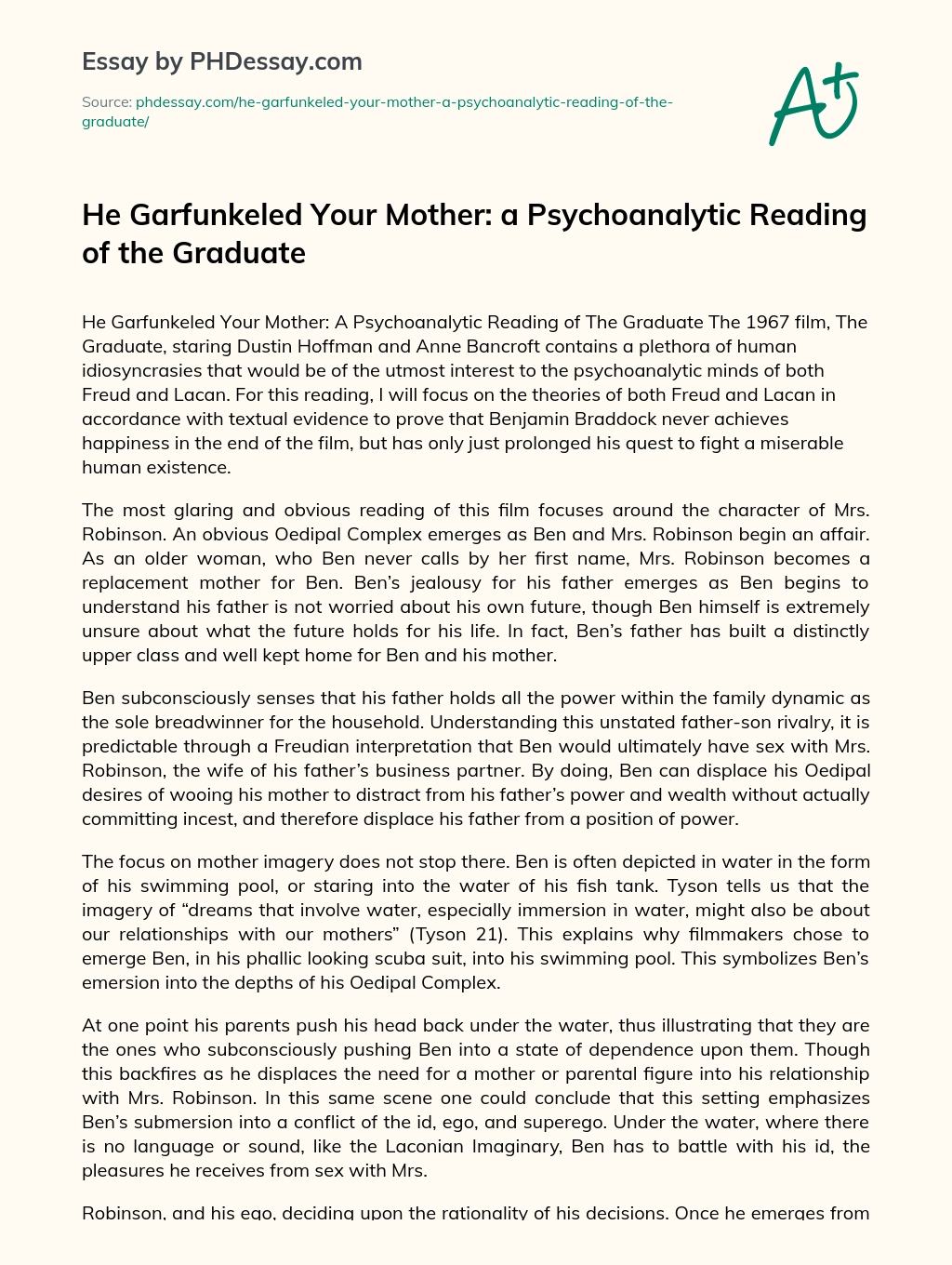 He Garfunkeled Your Mother: a Psychoanalytic Reading of the Graduate essay