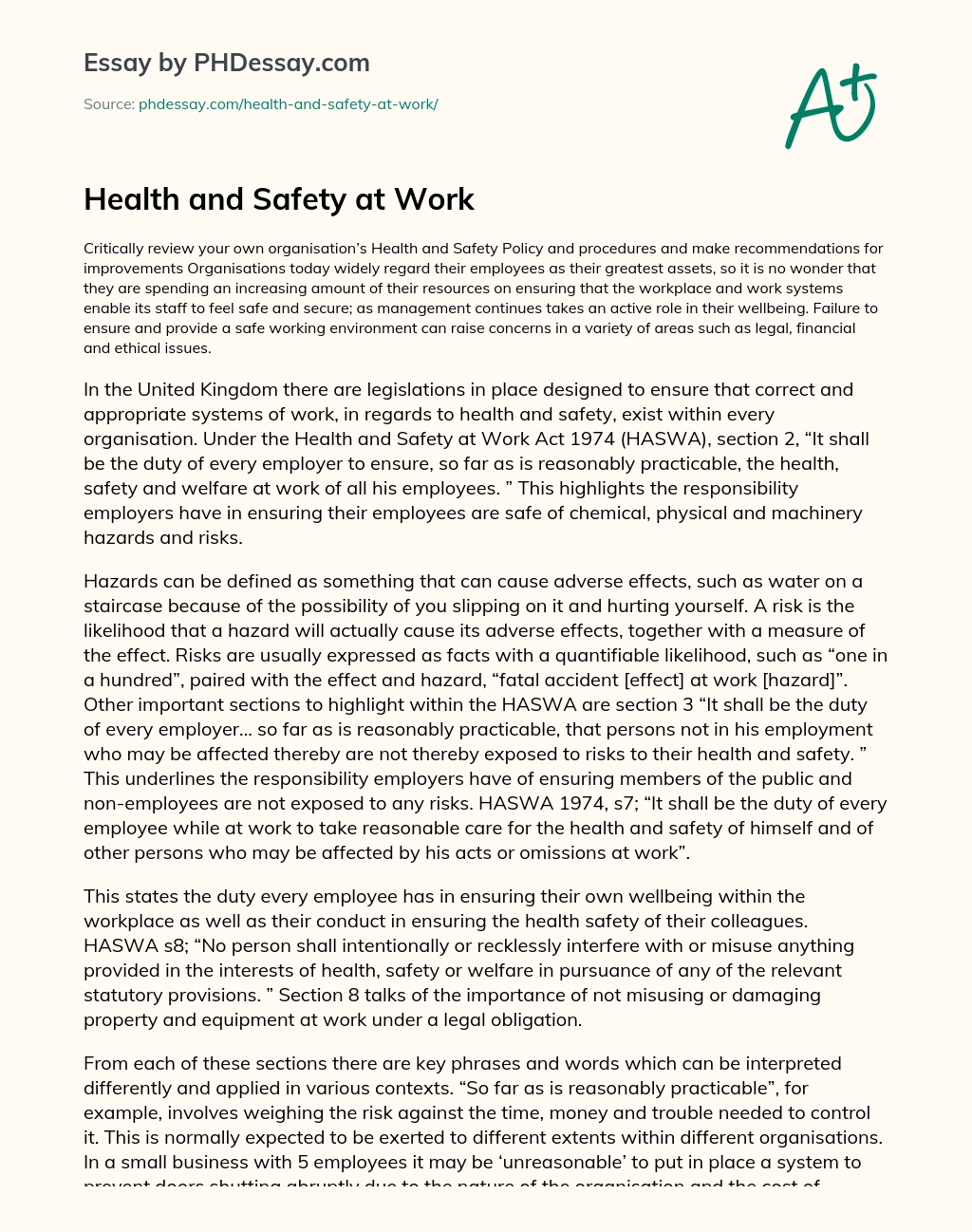 Health and Safety at Work essay