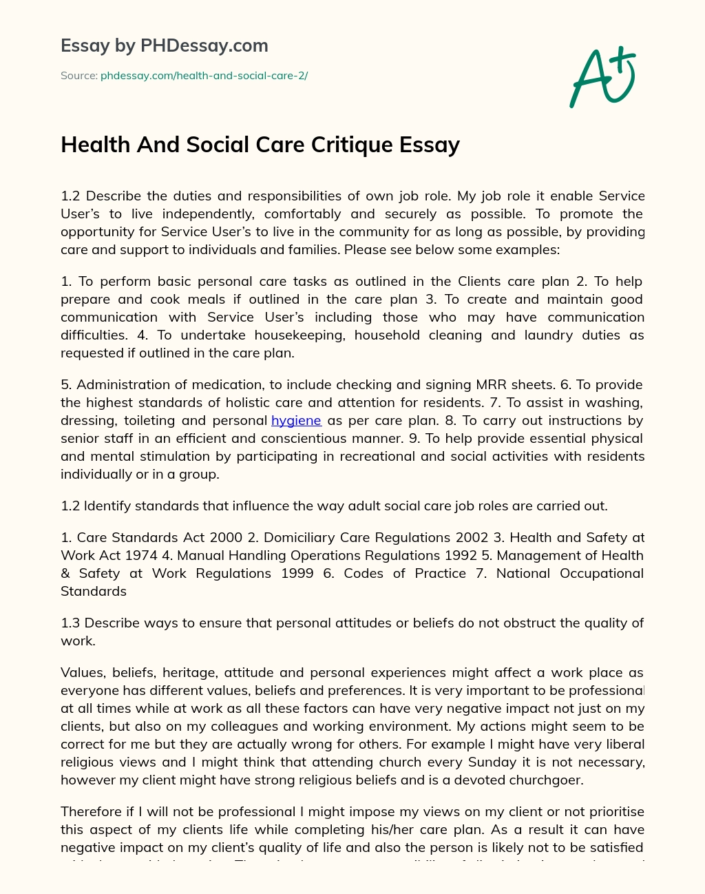 Health And Social Care Critique Essay essay