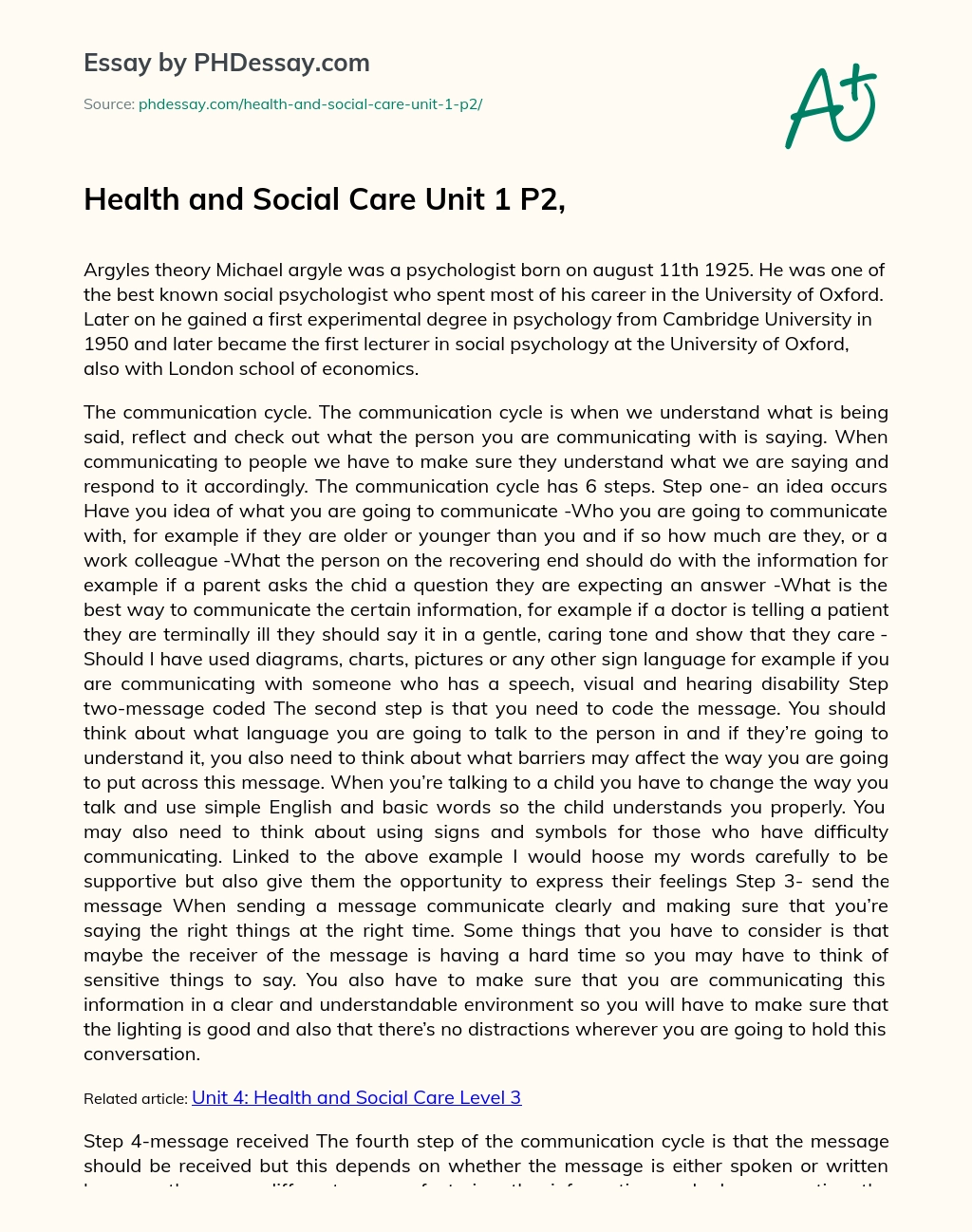 Health and Social Care Unit 1 P2, essay
