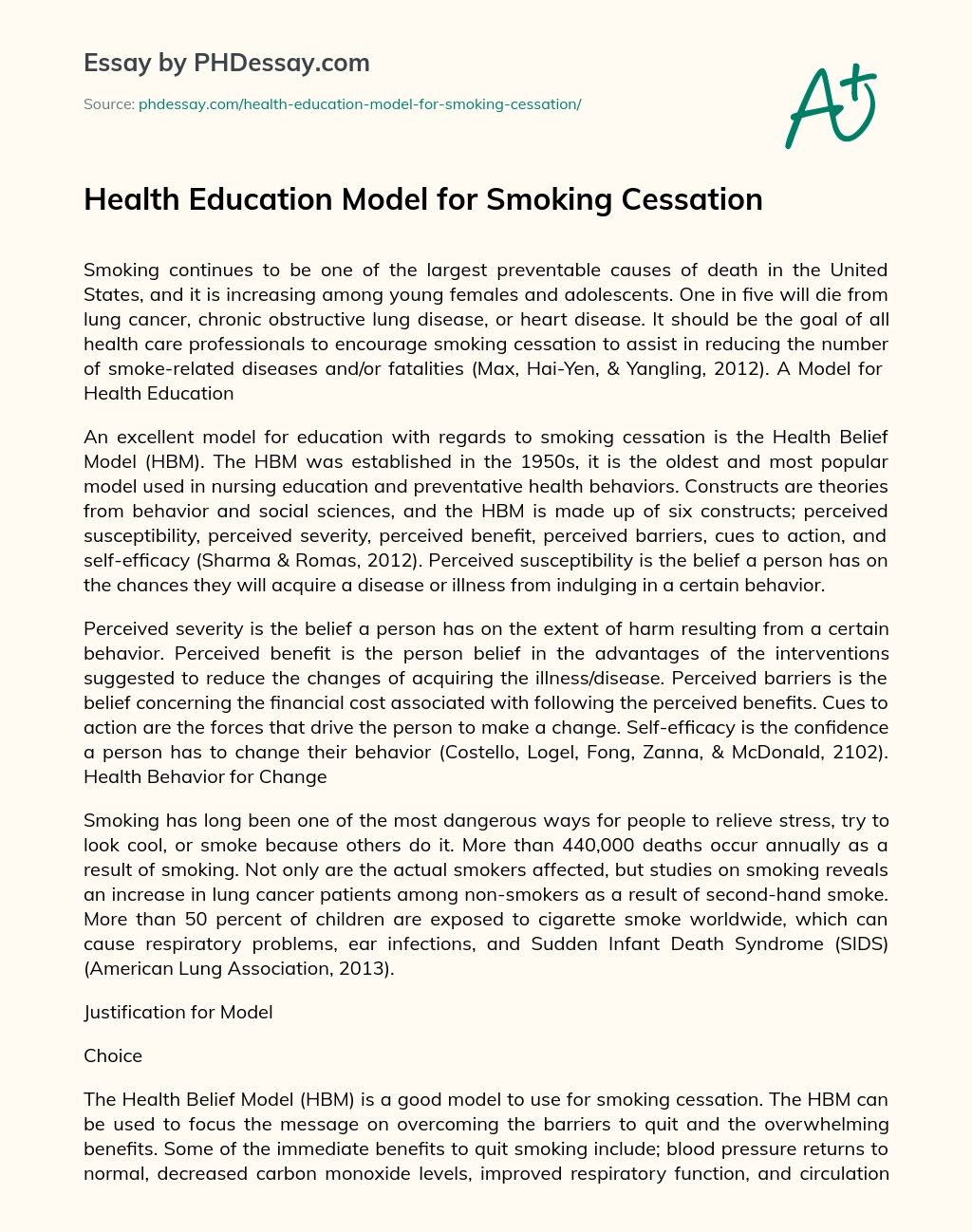 Health Education Model for Smoking Cessation essay