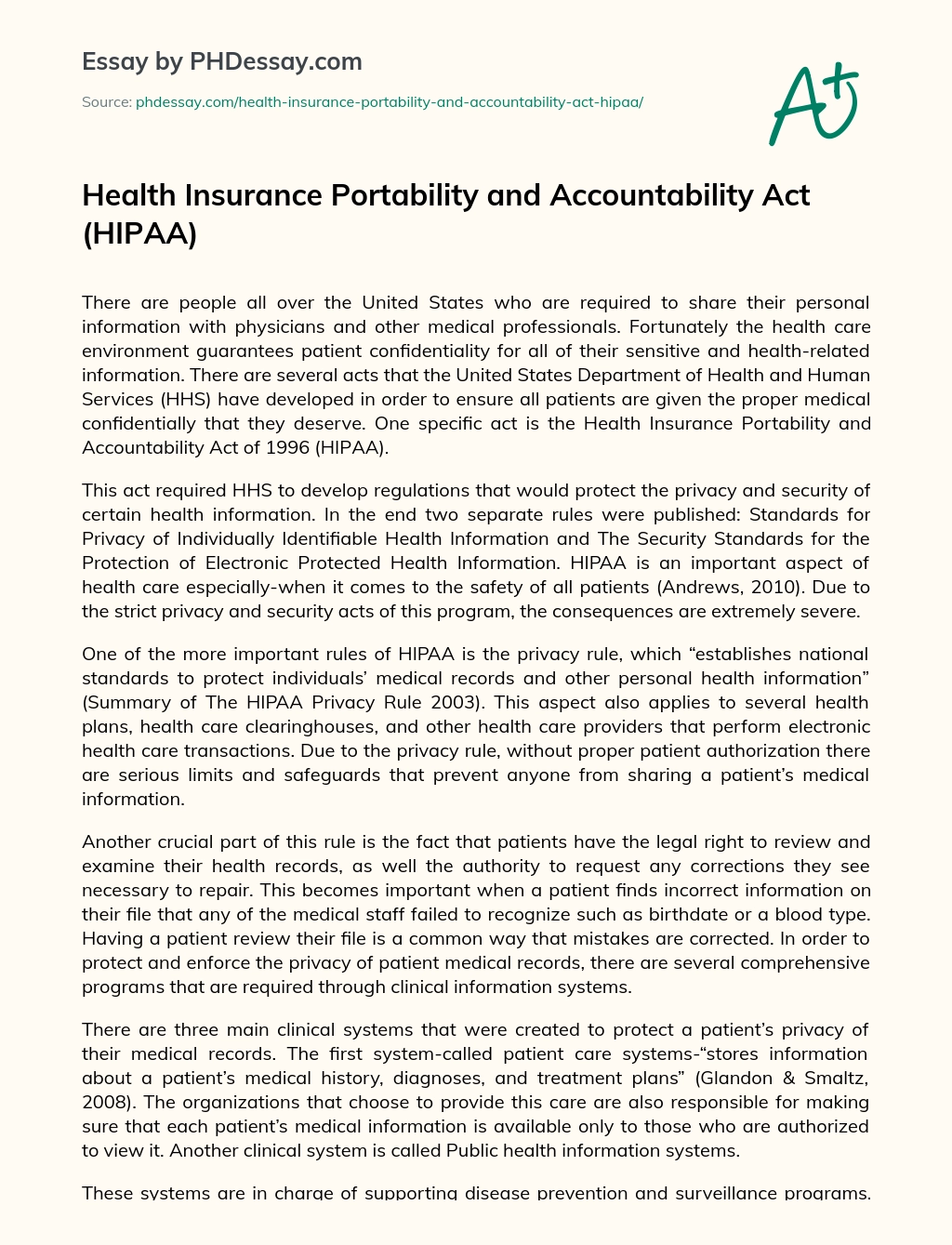 Health Insurance Portability and Accountability Act (HIPAA) essay