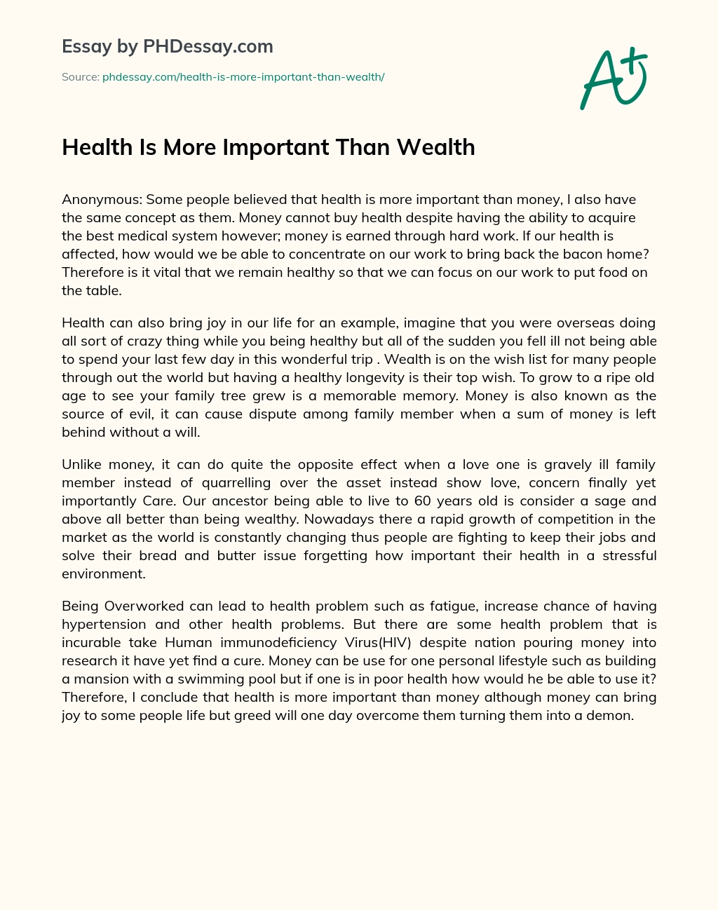 Health Is More Important Than Wealth essay