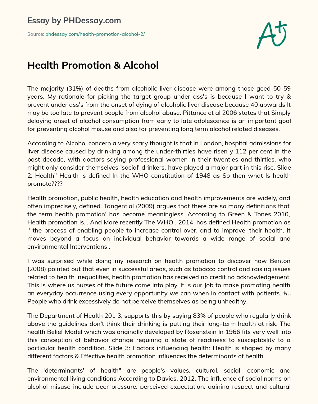 health promotion essay on alcohol