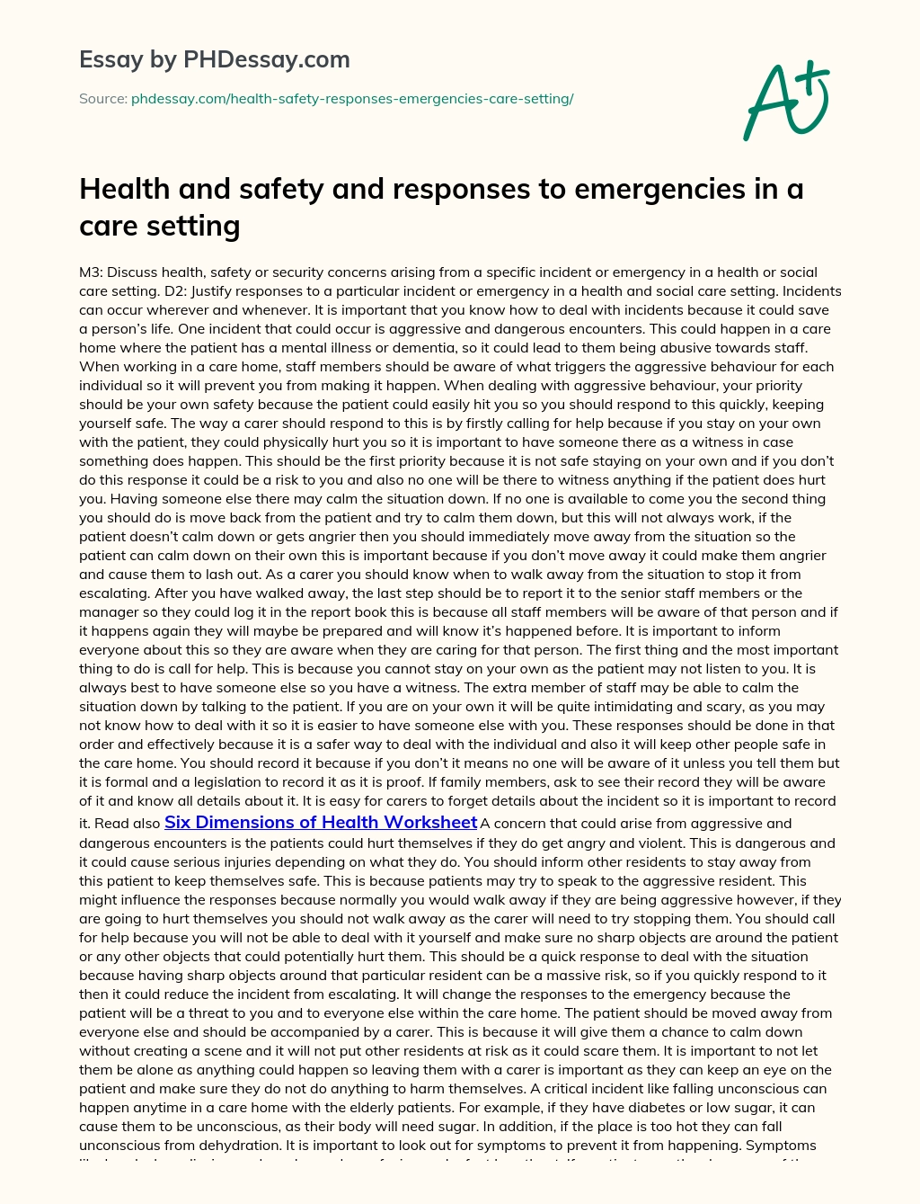 Health and safety and responses to emergencies in a care setting essay