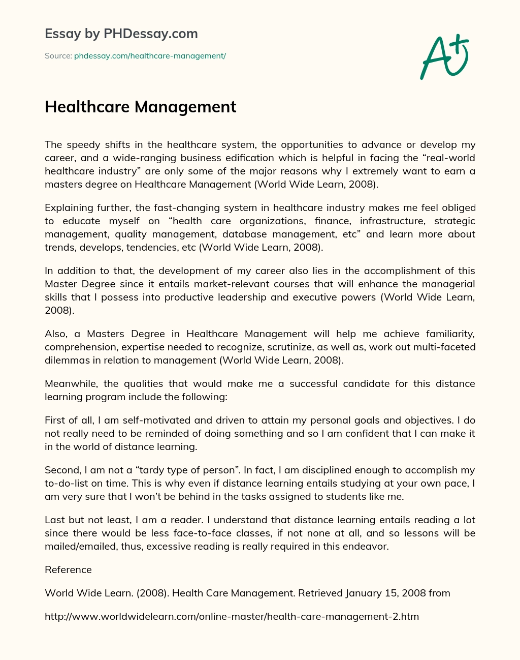 healthcare management essay