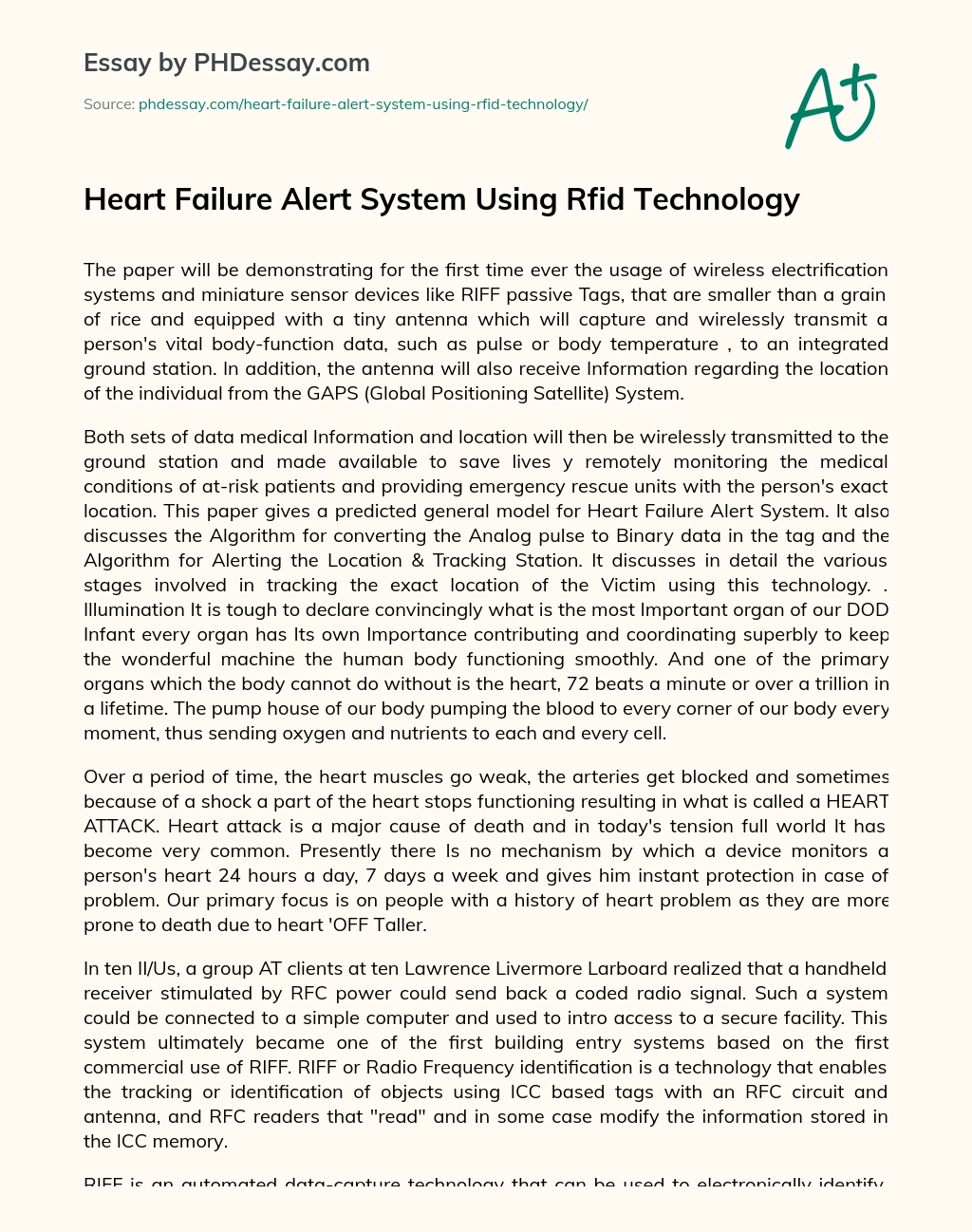 Heart Failure Alert System Using Rfid Technology essay