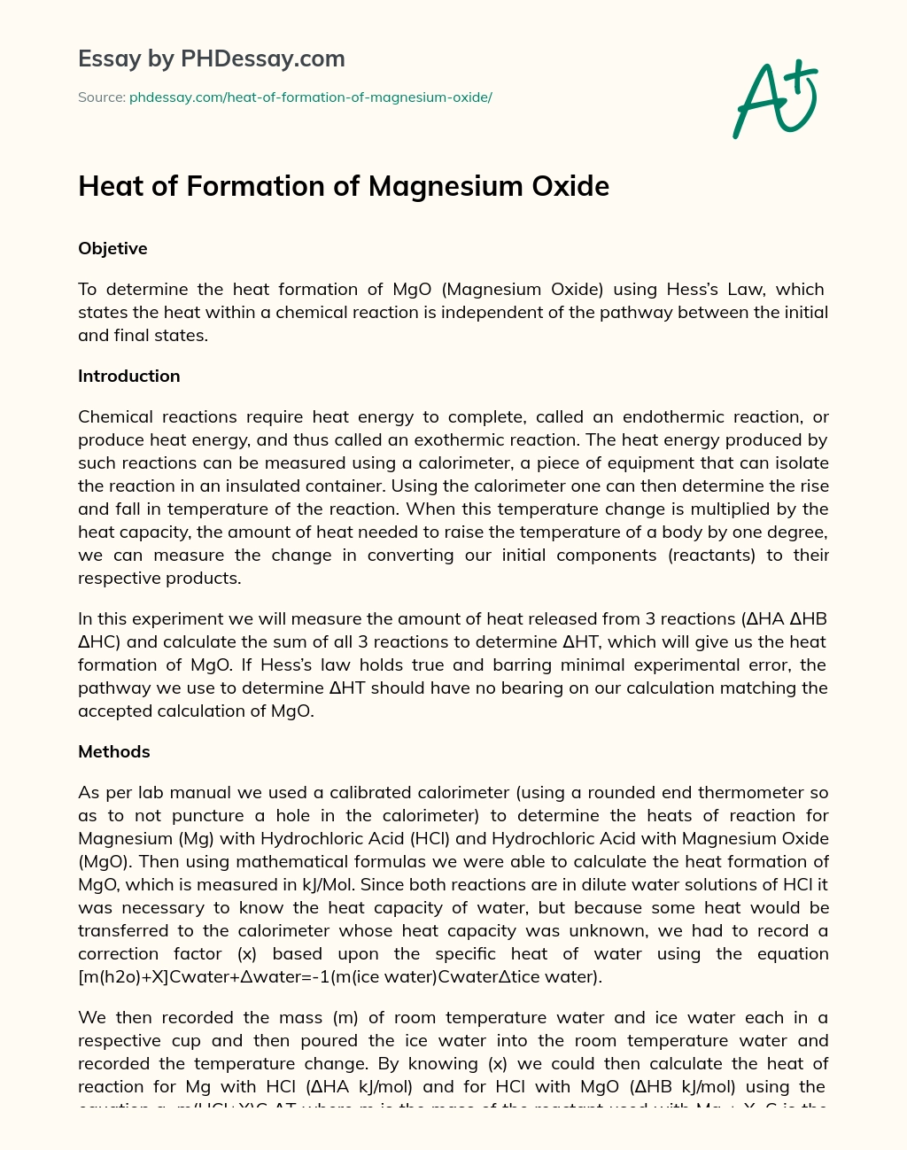 Heat of Formation of Magnesium Oxide essay