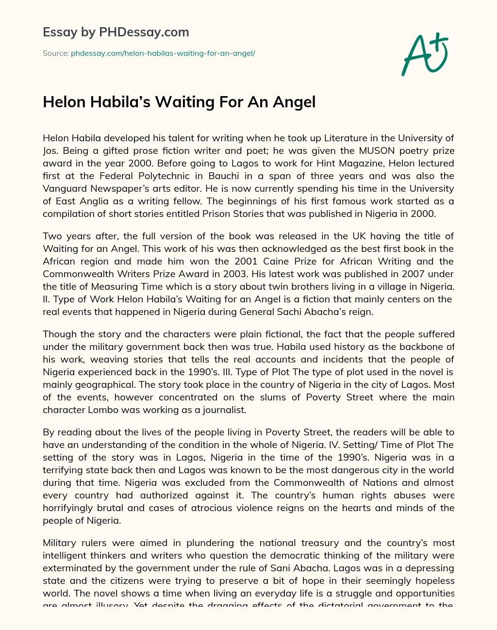 Helon Habila’s Waiting For An Angel essay