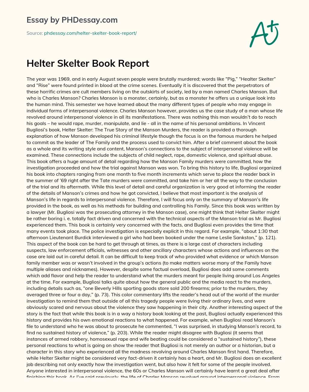 Helter Skelter Book Report essay