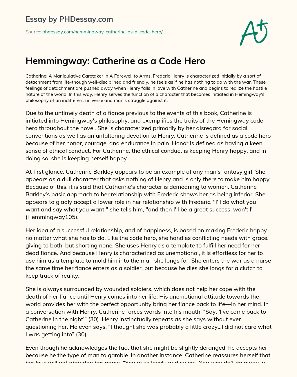 Hemmingway: Catherine as a Code Hero essay