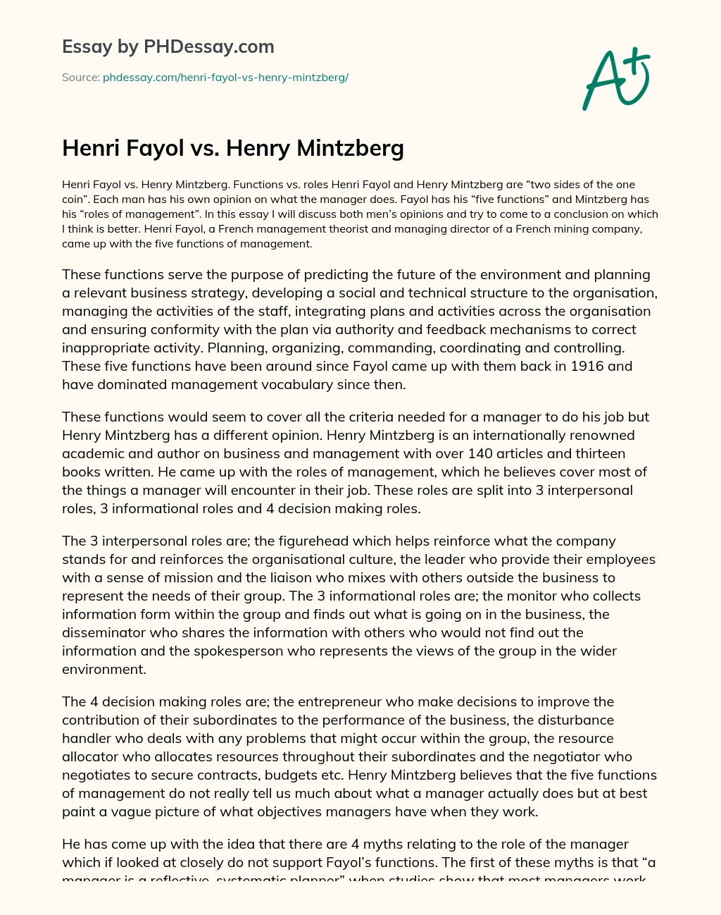 Henri Fayol vs. Henry Mintzberg essay